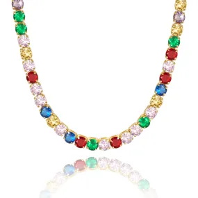 14K Gold Diamond Tennis Necklace CZ Baguette Tennis Chain- Round Rainbow CZ