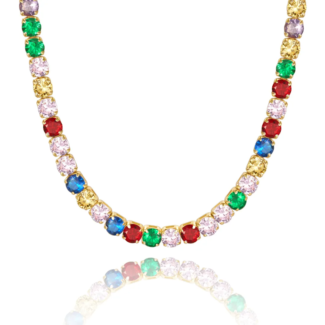 14K Gold Diamond Tennis Necklace CZ Baguette Tennis Chain- Round Rainbow CZ