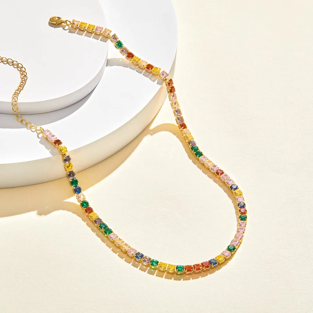 14K Gold Diamond Tennis Necklace CZ Baguette Tennis Chain- Round Rainbow CZ