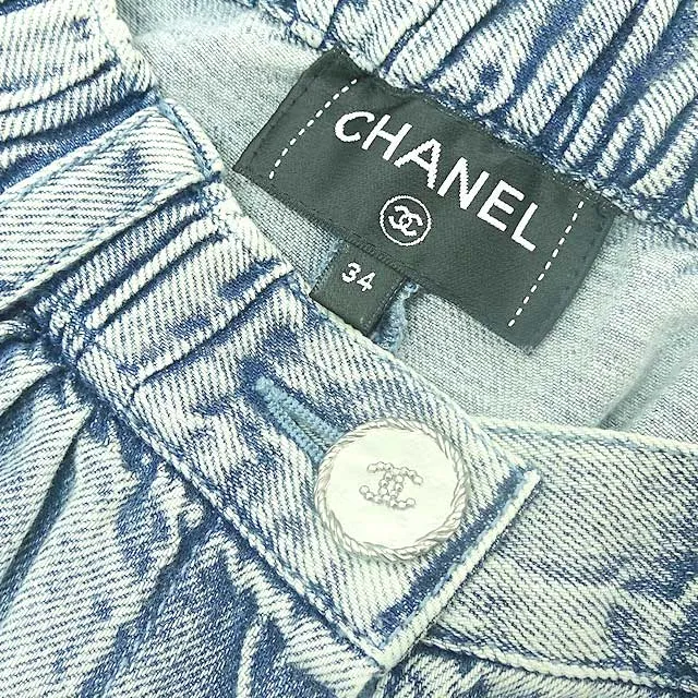 2022 SS CHANEL Denim Pants Metal COCO Button Frill Jeans #34 Light Blue Denim Silver HW P73070[EXCELLENT][Authentic]