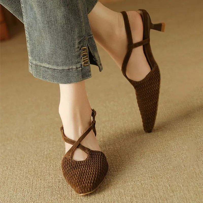 Almond Toe Woven Sheepskin Slingback Kitty Heel Sandals in Black/Apricot/Brown