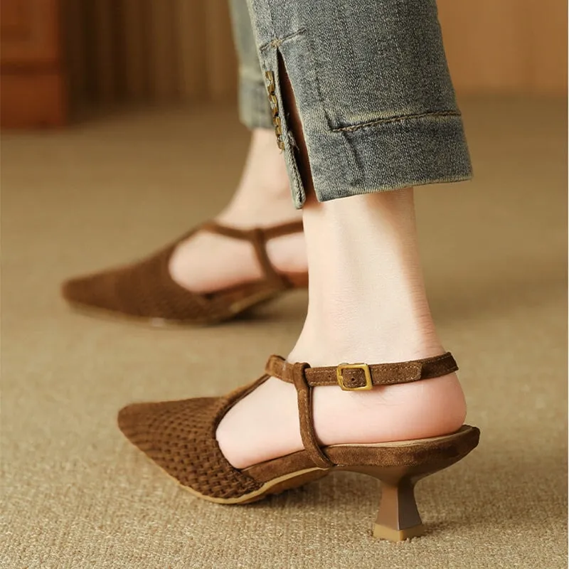 Almond Toe Woven Sheepskin Slingback Kitty Heel Sandals in Black/Apricot/Brown