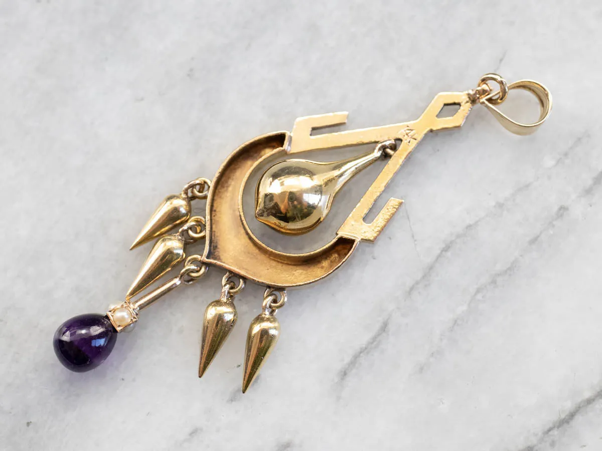 Amethyst and Seed Pearl Gold Tassel Pendant