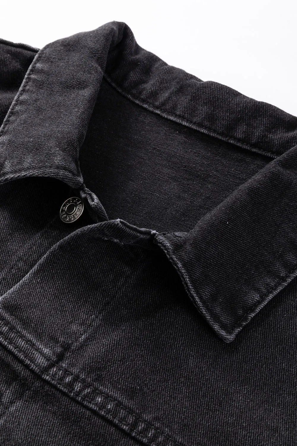 Black Metal Buttons Flap Pocket Drop Shoulder Denim Jacket