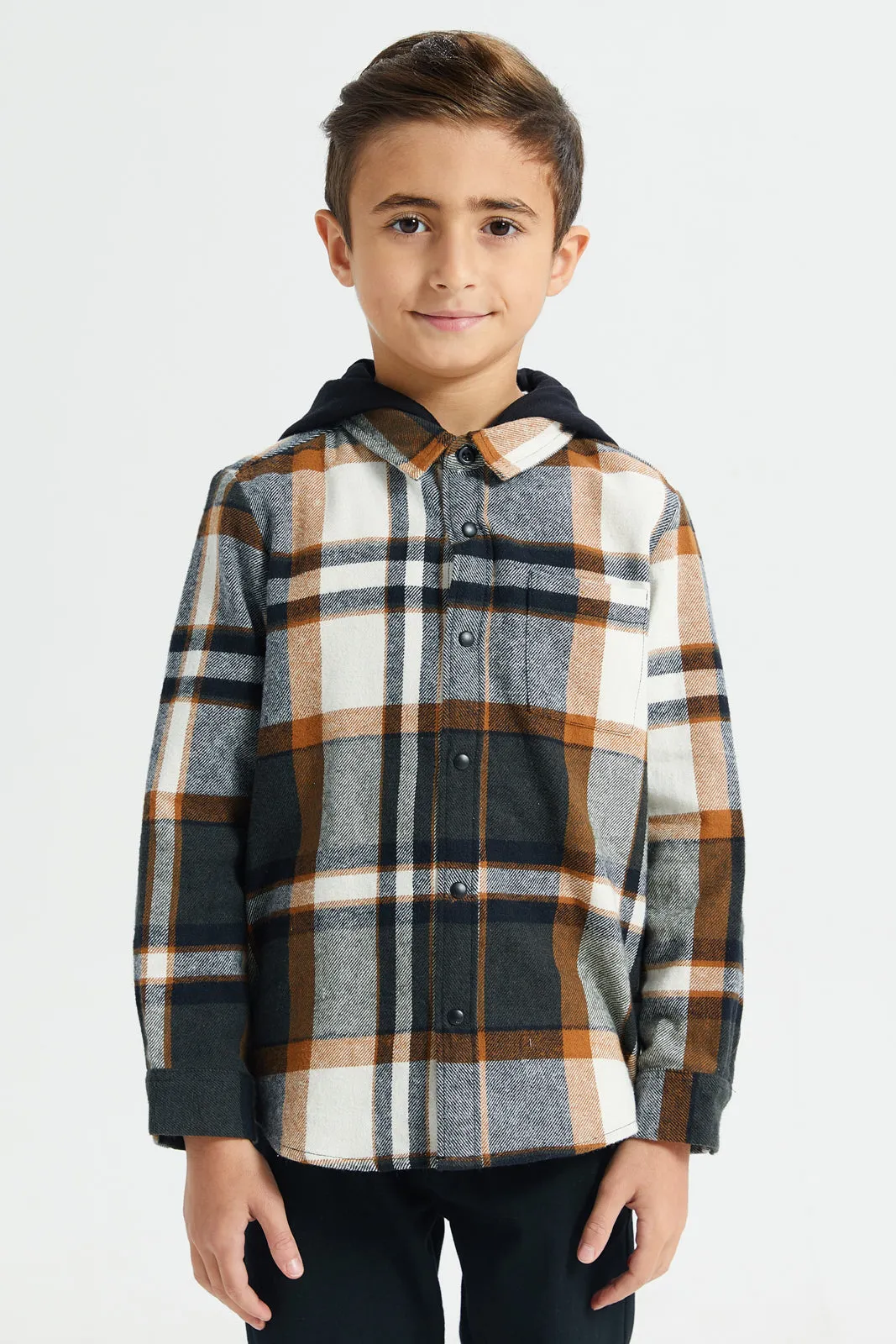 Boys Multicolour Checkered Shirt With Detachable Hooded