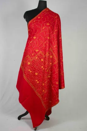 Charismatic Red Colour Kashmiri Sozni Shawl Emblished With Designer Over All Jaal And Border.