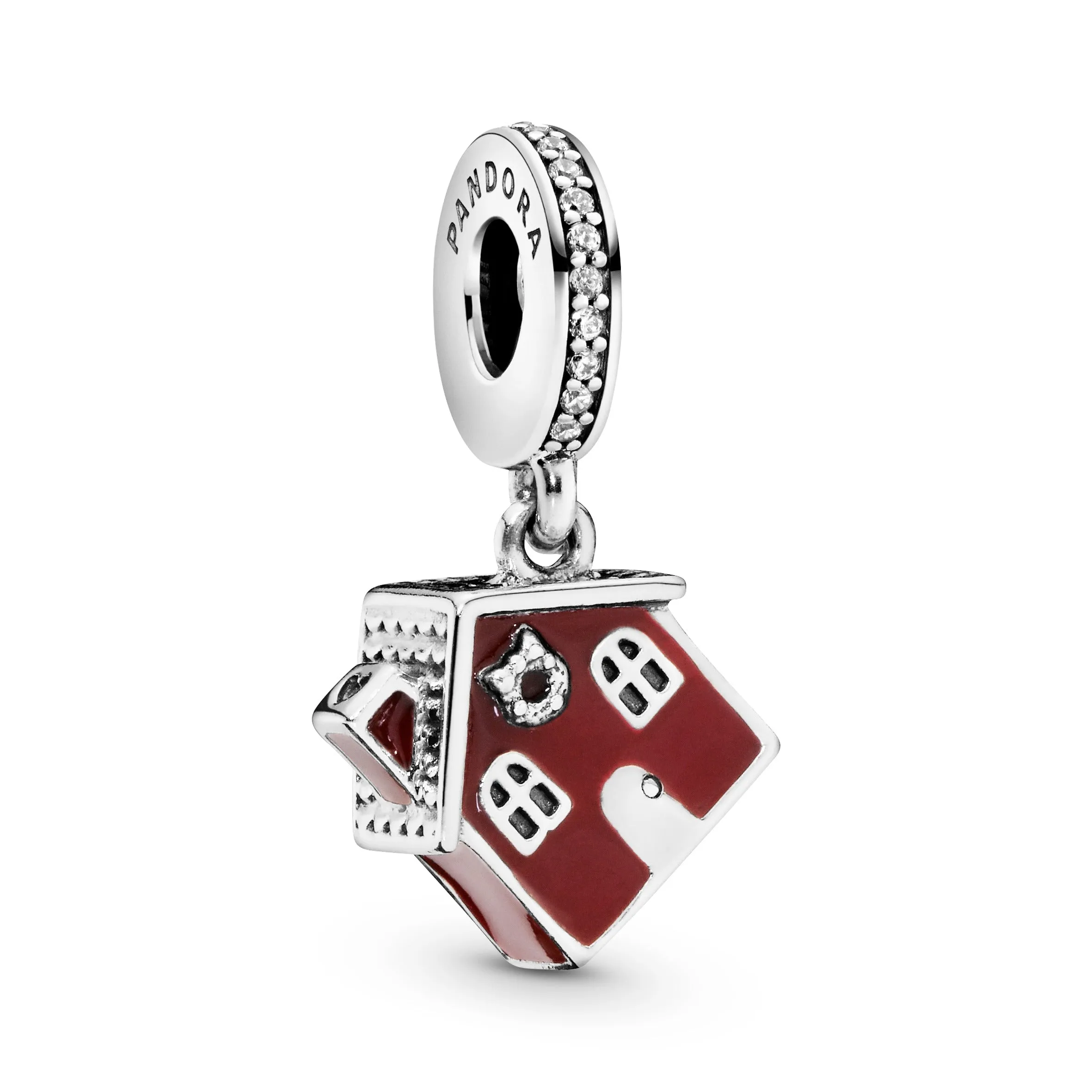 Christmas house silver dangle with red enamel and clear cubic zirconia