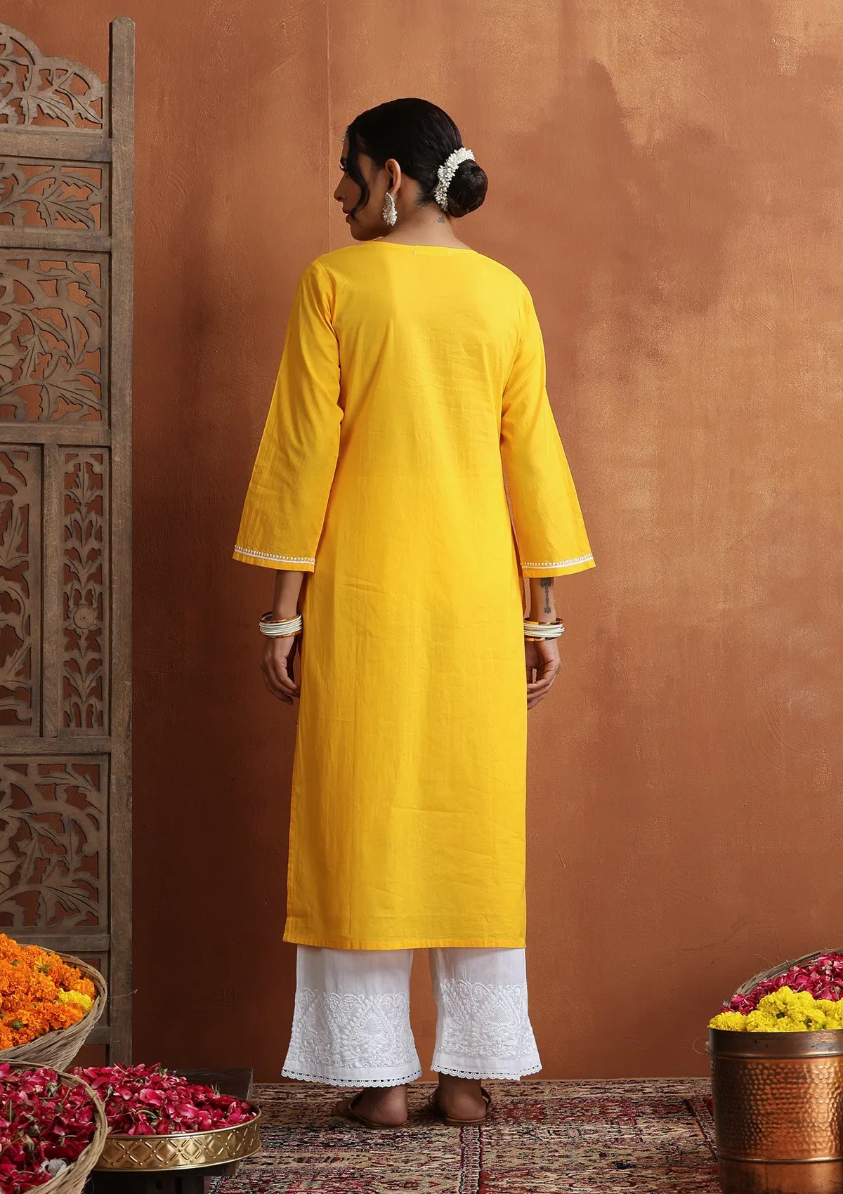 Cotton Chikankari Solid Women's Long Kurta - Yellow