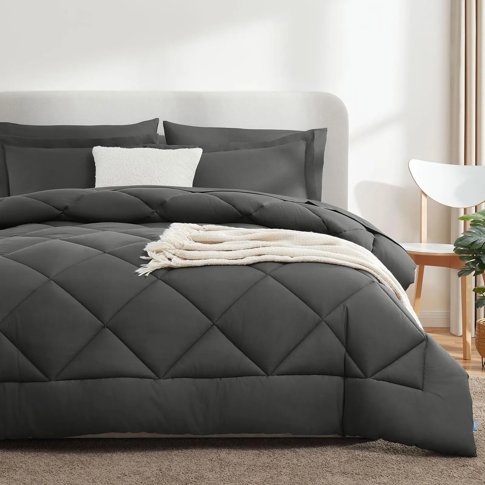 CozyLux King Bed in a Bag 7-Pieces Comforter Sets with Comforter and Sheets Dark Grey All Season Bedding Sets with Comforter, Pillow Shams, Flat Sheet, Fitted Sheet and Pillowcases