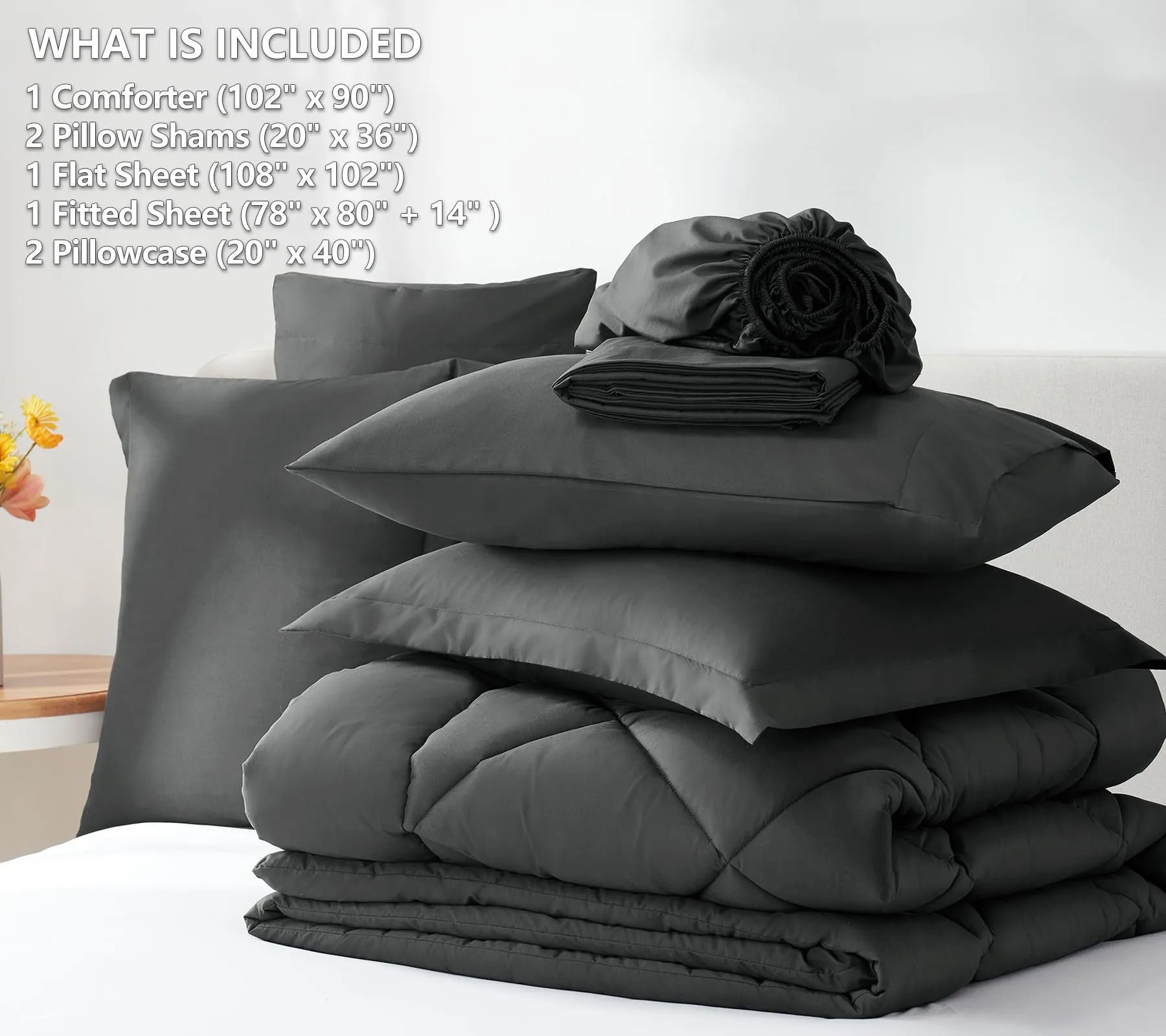 CozyLux King Bed in a Bag 7-Pieces Comforter Sets with Comforter and Sheets Dark Grey All Season Bedding Sets with Comforter, Pillow Shams, Flat Sheet, Fitted Sheet and Pillowcases