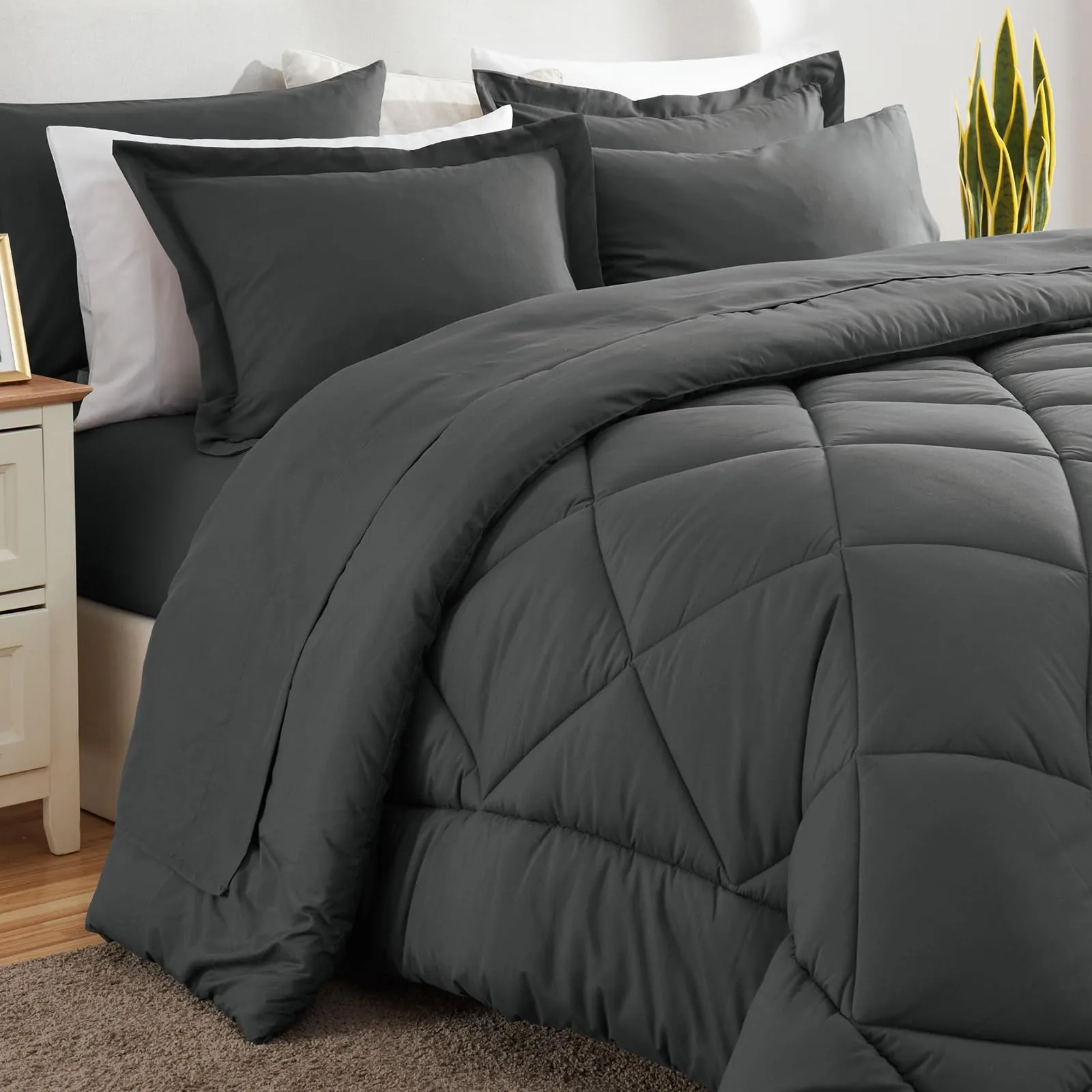 CozyLux King Bed in a Bag 7-Pieces Comforter Sets with Comforter and Sheets Dark Grey All Season Bedding Sets with Comforter, Pillow Shams, Flat Sheet, Fitted Sheet and Pillowcases