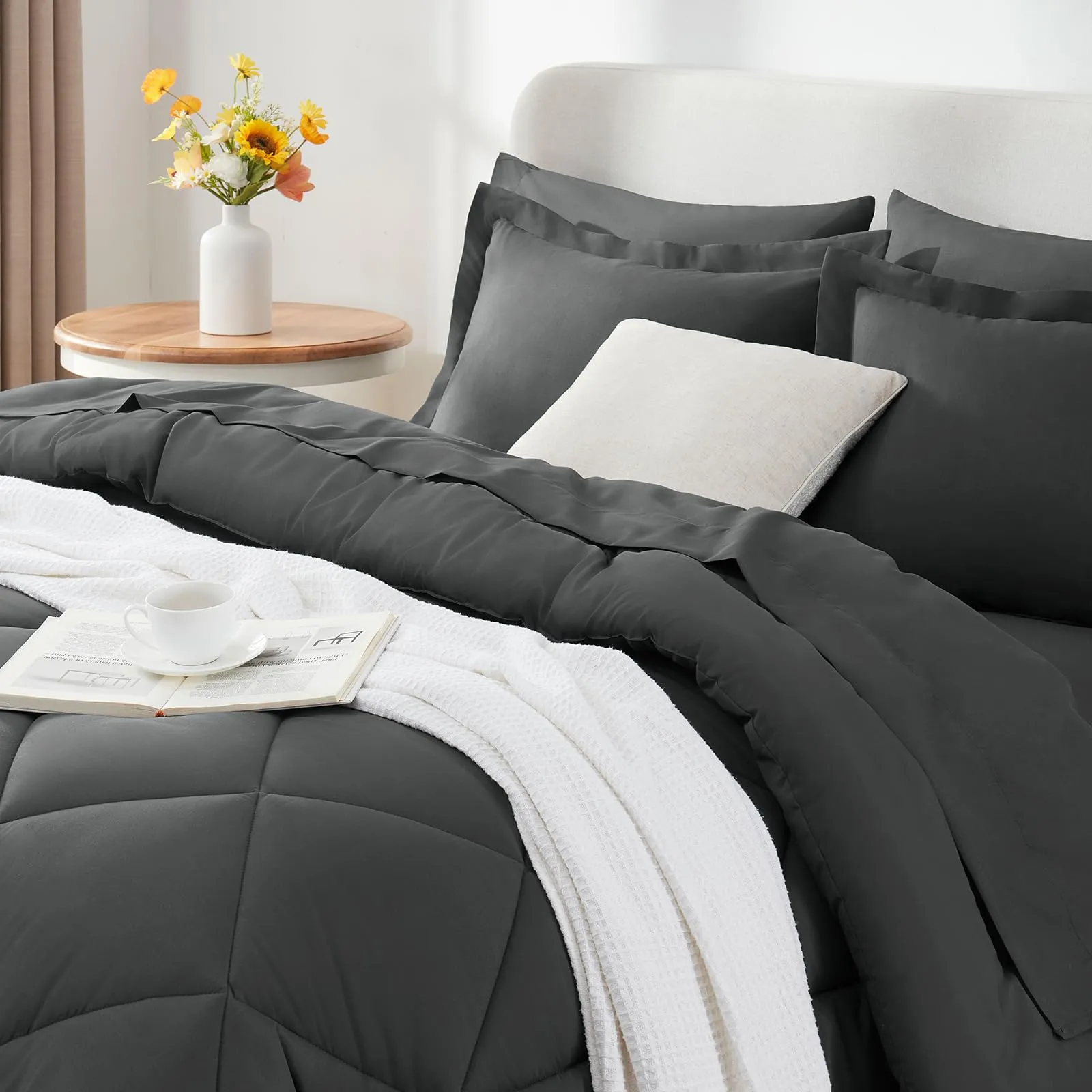 CozyLux King Bed in a Bag 7-Pieces Comforter Sets with Comforter and Sheets Dark Grey All Season Bedding Sets with Comforter, Pillow Shams, Flat Sheet, Fitted Sheet and Pillowcases