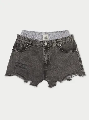 DOUBLE LAYER BOXER DENIM SHORTS - BLACK WASH