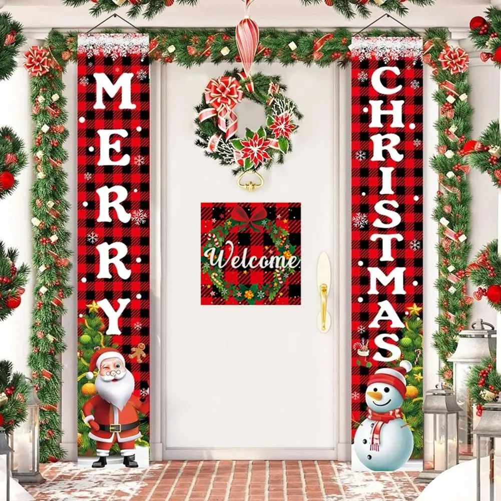 GARVEE Merry Christmas Banner Sign, Snowmen Santa Banner Christmas Front Porch Sign Hanging Door Banner for Home Party Wall Indoor Outdoor Decor