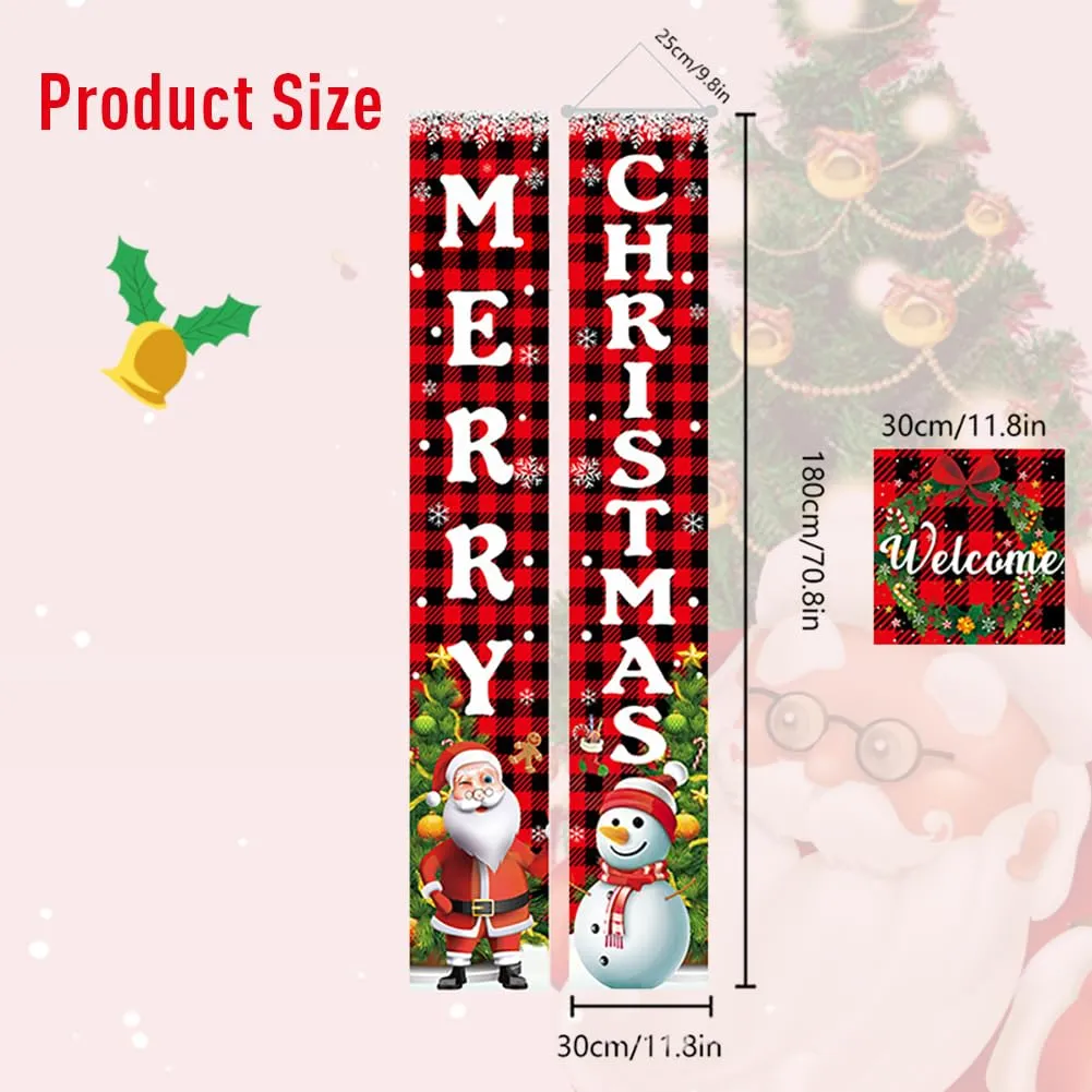 GARVEE Merry Christmas Banner Sign, Snowmen Santa Banner Christmas Front Porch Sign Hanging Door Banner for Home Party Wall Indoor Outdoor Decor