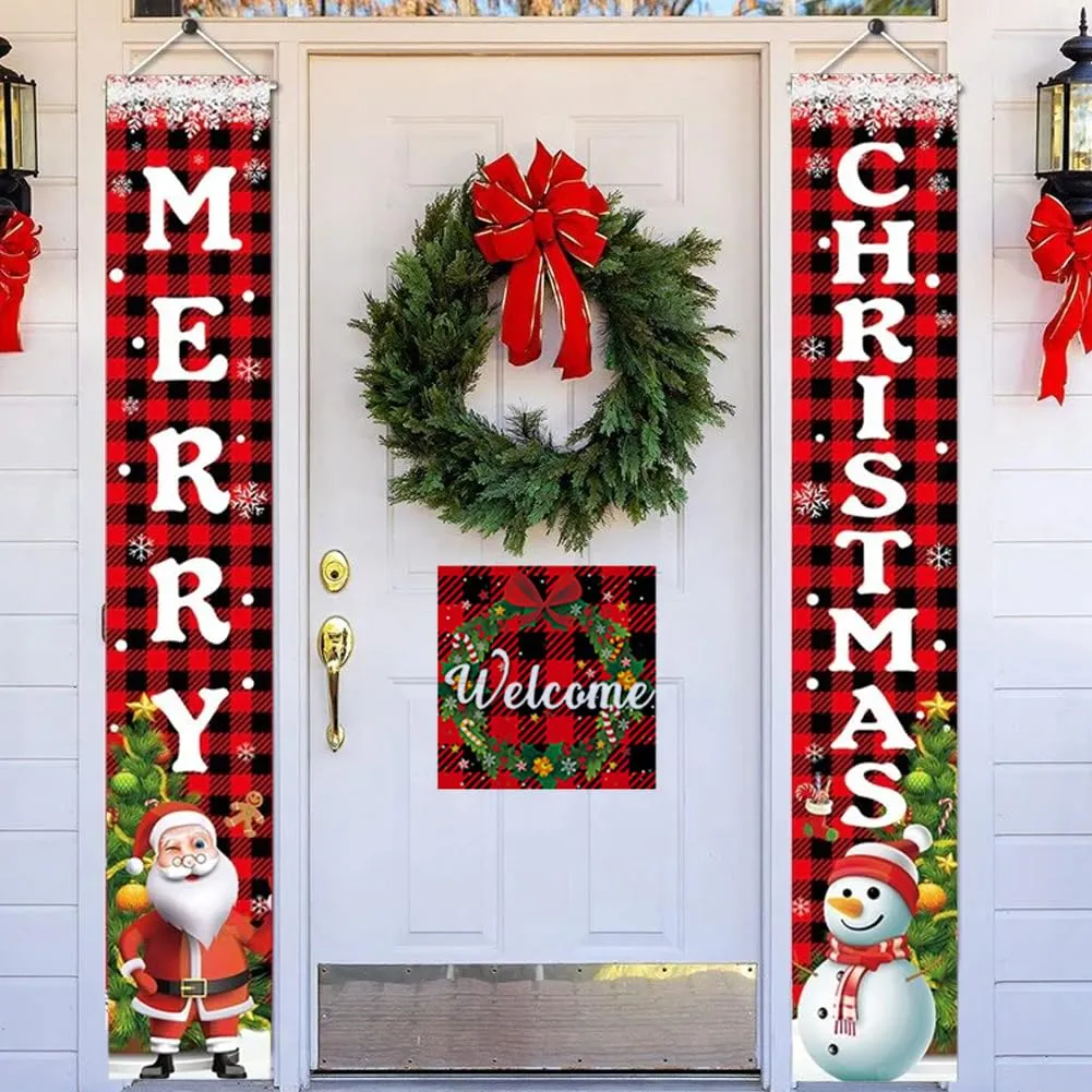 GARVEE Merry Christmas Banner Sign, Snowmen Santa Banner Christmas Front Porch Sign Hanging Door Banner for Home Party Wall Indoor Outdoor Decor