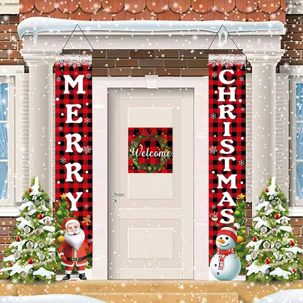 GARVEE Merry Christmas Banner Sign, Snowmen Santa Banner Christmas Front Porch Sign Hanging Door Banner for Home Party Wall Indoor Outdoor Decor