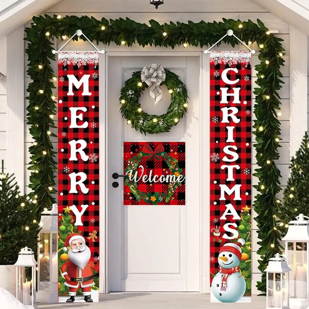 GARVEE Merry Christmas Banner Sign, Snowmen Santa Banner Christmas Front Porch Sign Hanging Door Banner for Home Party Wall Indoor Outdoor Decor