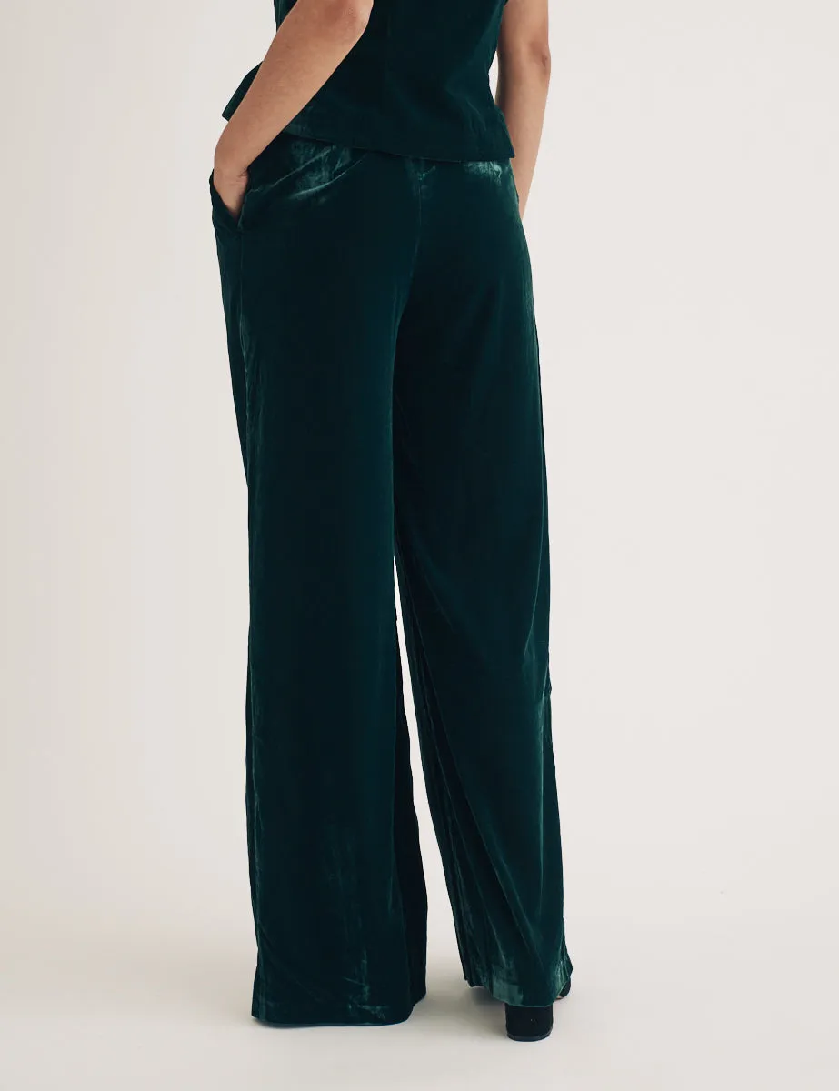 Green Wide Leg Velvet Trousers