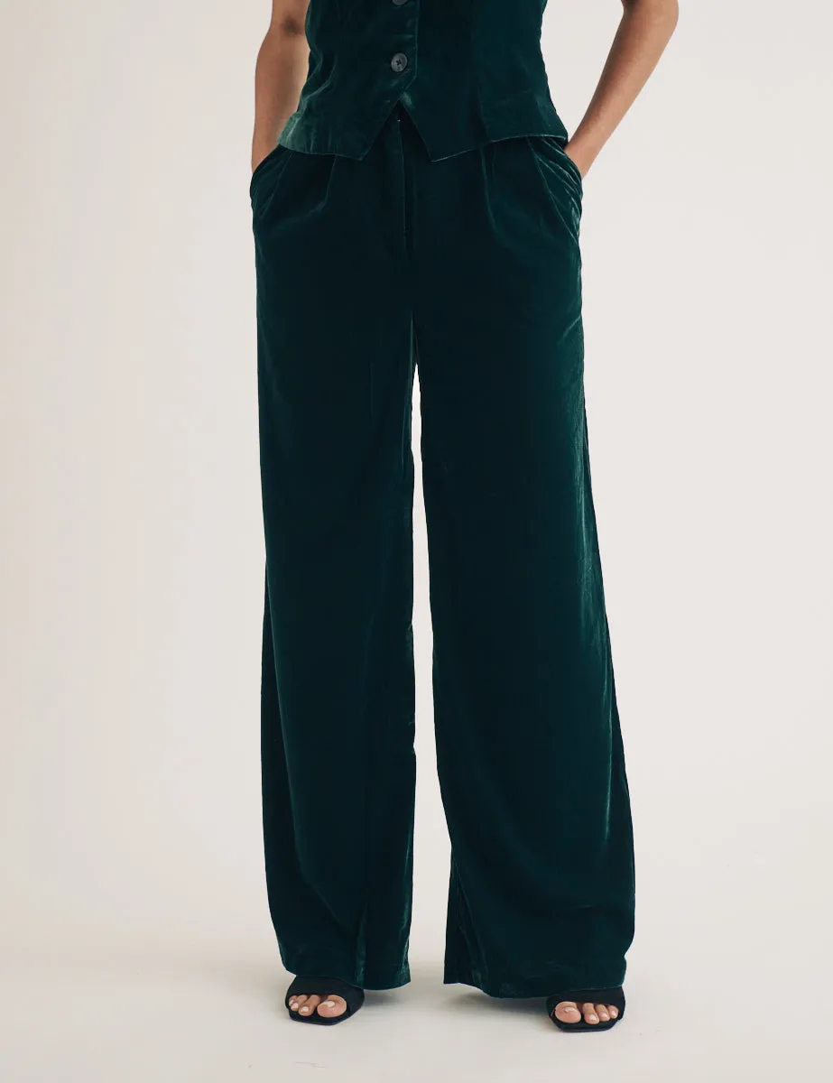 Green Wide Leg Velvet Trousers