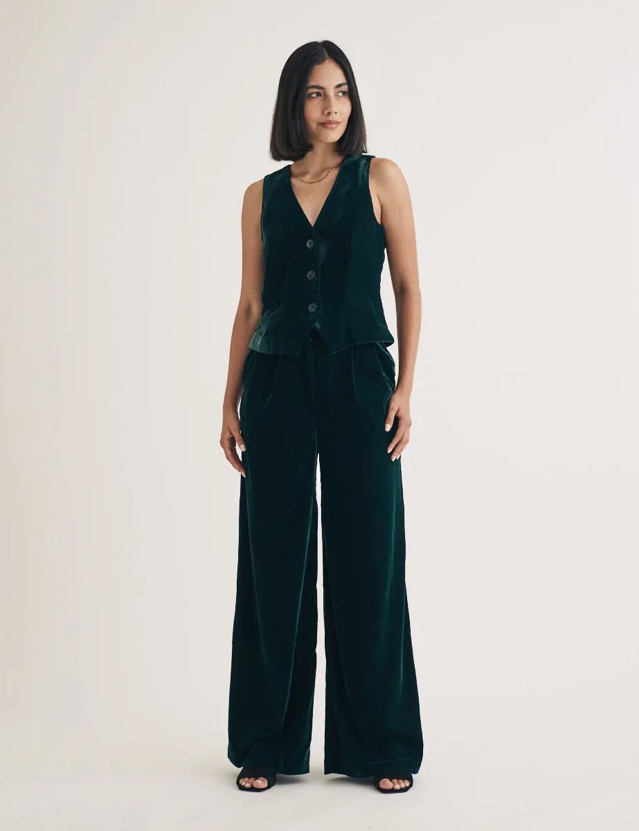 Green Wide Leg Velvet Trousers