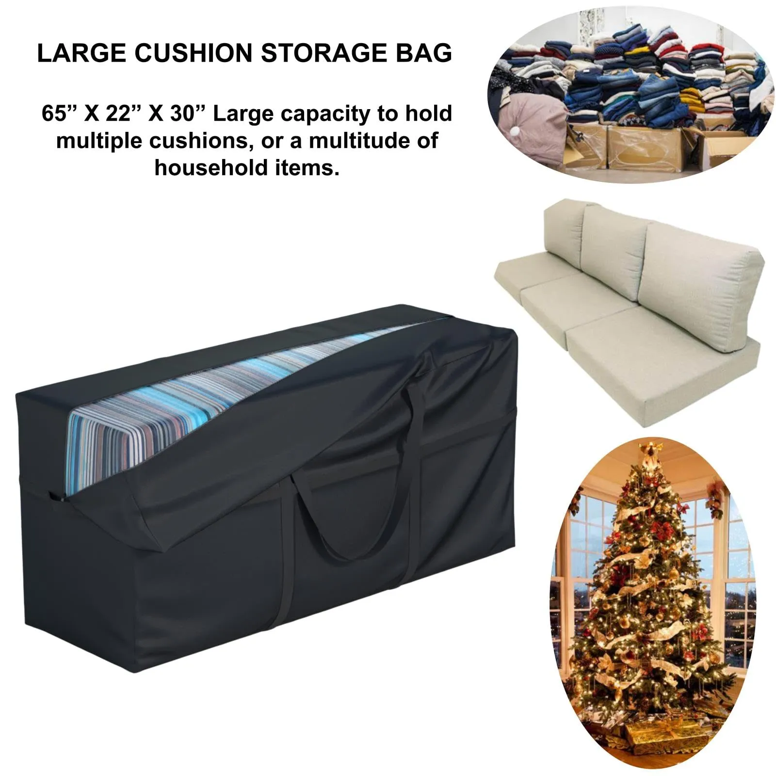 H-kenan Heavy Duty 600D Waterproof Extra Large Outdoor Patio Cushion Furniture Storage Bag with Handles, Zipper for Patio Furniture and Other Storage Items L 65“ x W 22” x H 30”