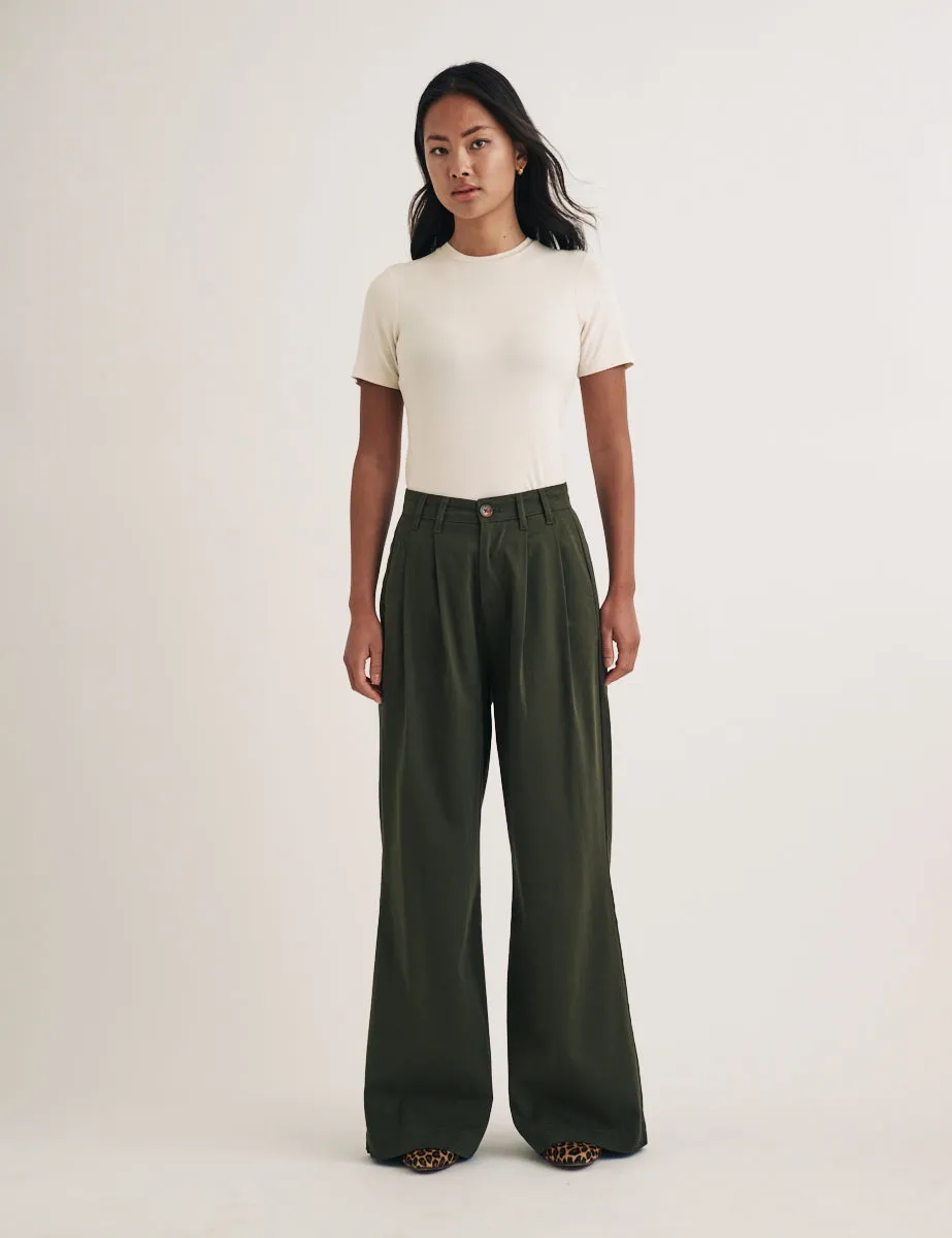 Khaki Twill Pleated Wide Leg Ava Trousers