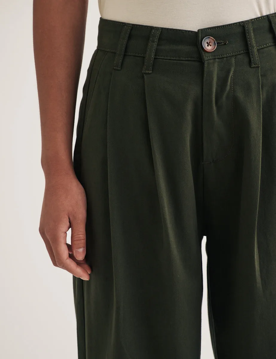 Khaki Twill Pleated Wide Leg Ava Trousers