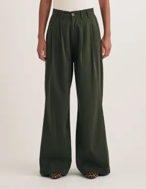 Khaki Twill Pleated Wide Leg Ava Trousers