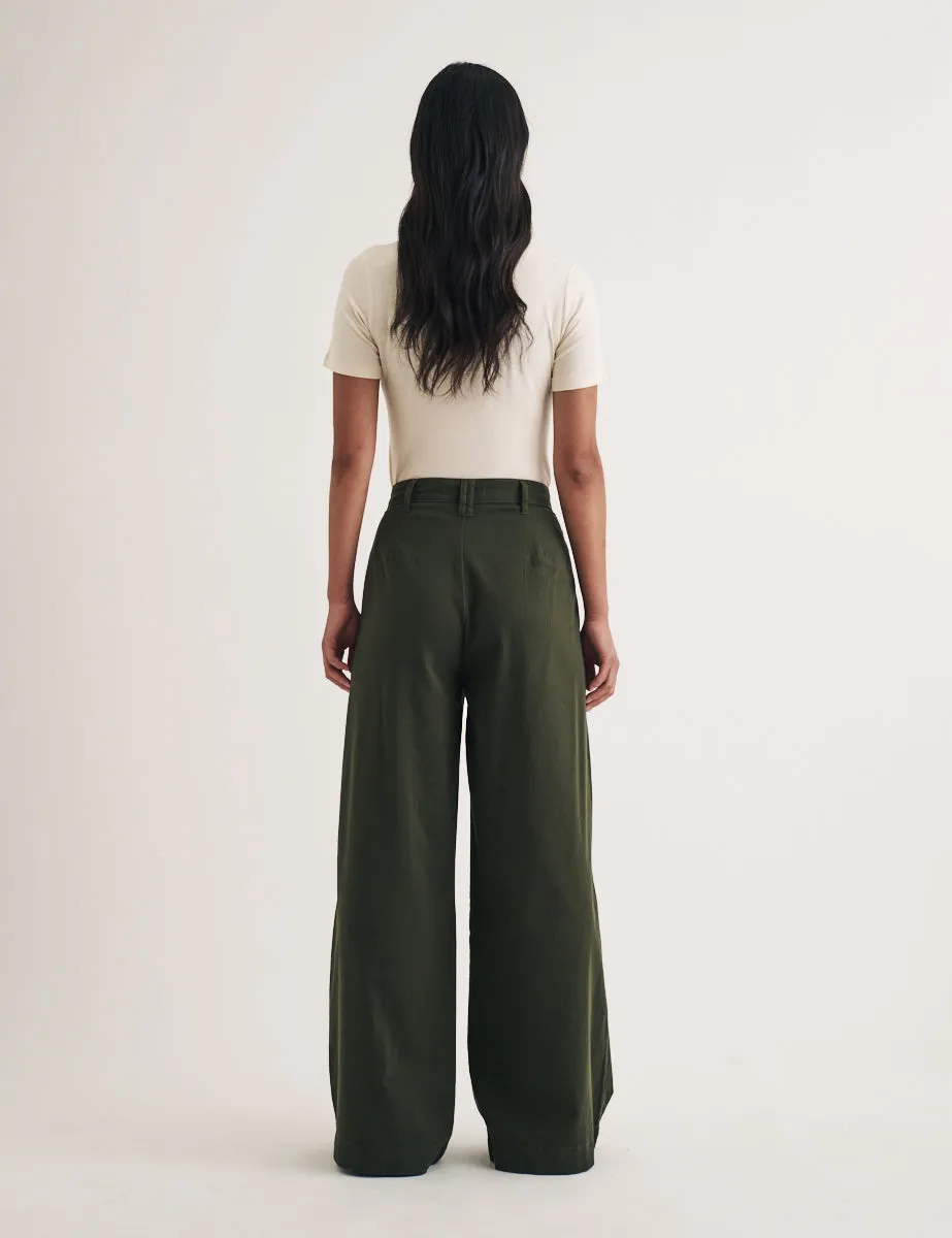 Khaki Twill Pleated Wide Leg Ava Trousers