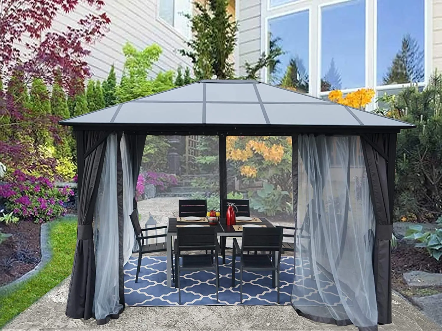 Kozyard 10ftx12ft' Polycarbonate Top Aluminum Permanent Gazebo with a Mosquito Net and Privacy Curtain