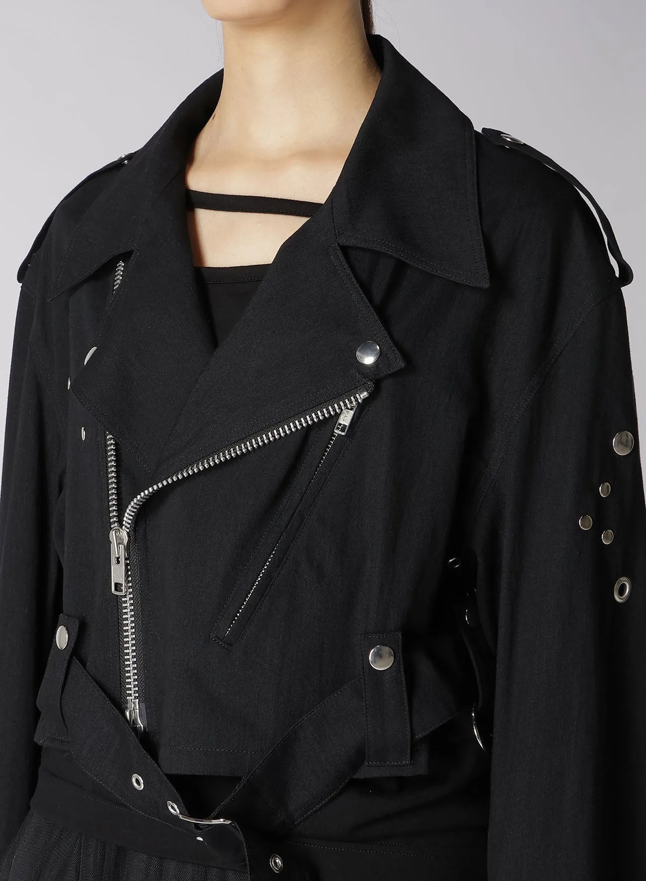 METAL EYELET SHORT DENIM BIKER JACKET