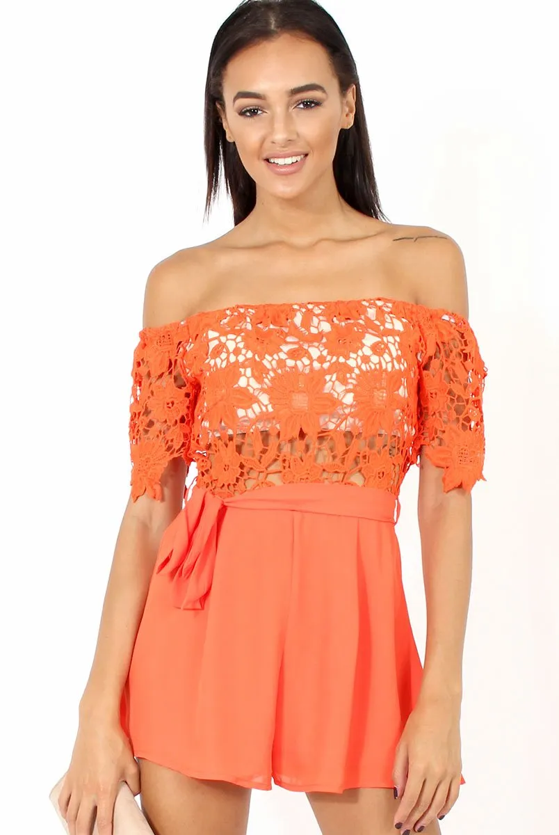 Orange Bardot Crochet Playsuit - Wynn