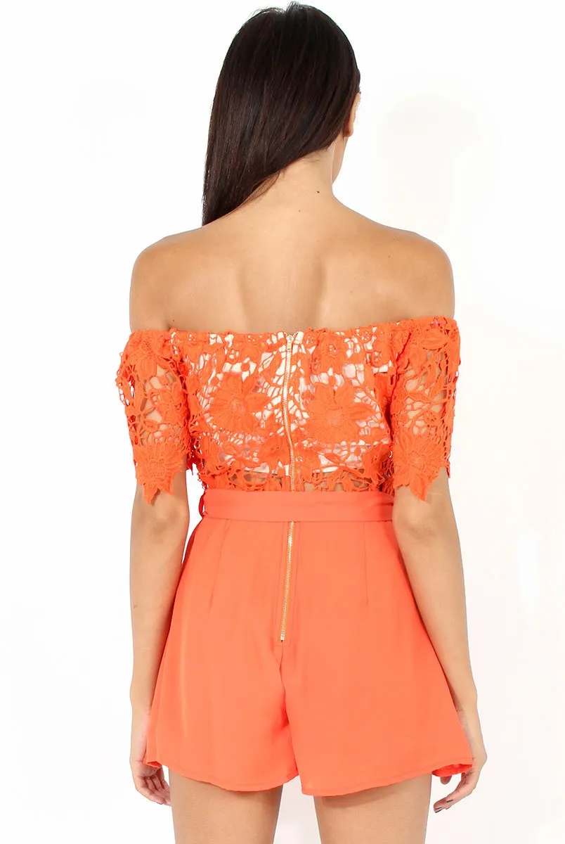 Orange Bardot Crochet Playsuit - Wynn