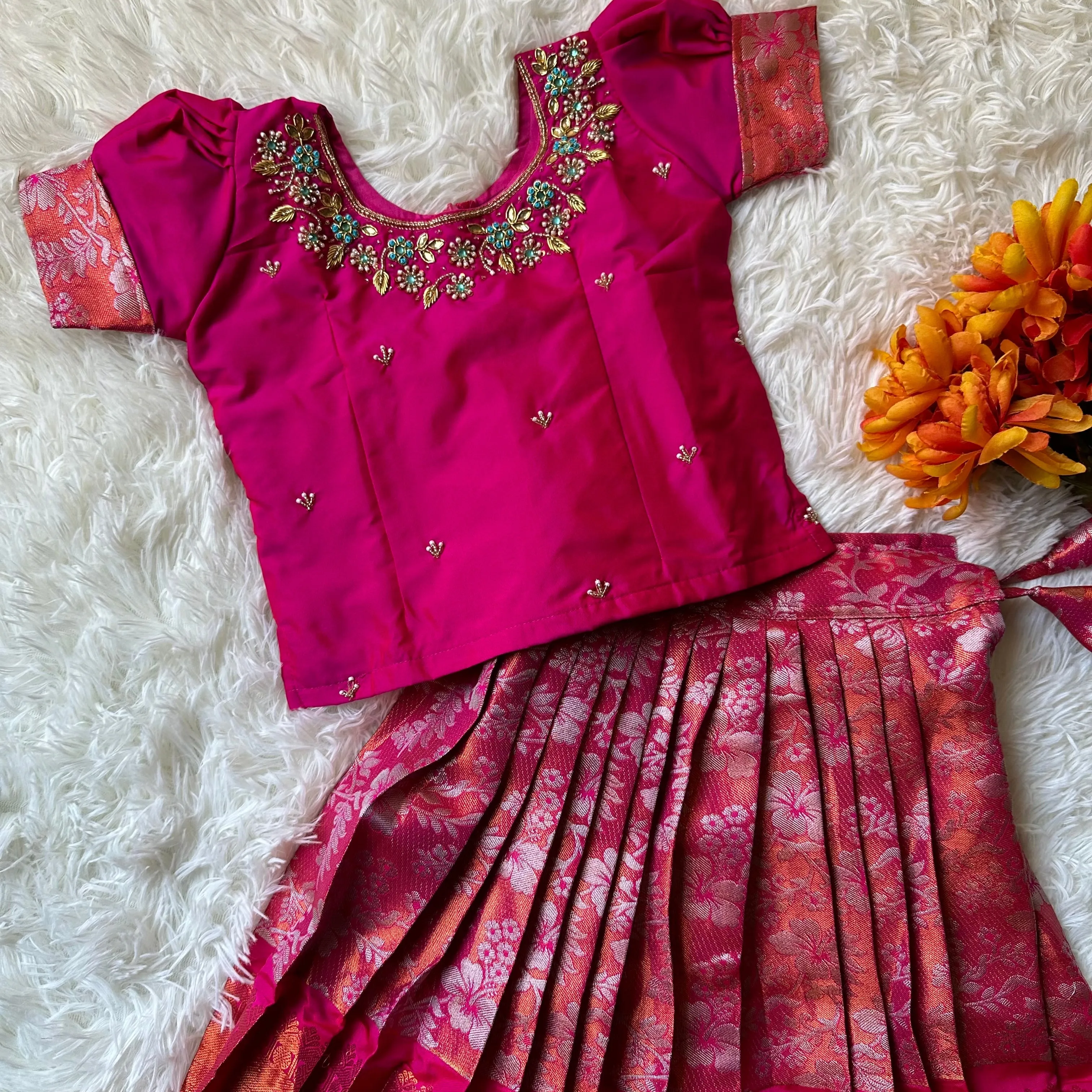 PRE ORDER : Radiant Elegance: Rani Pink Aari Work Top with Silver Zari Skirt