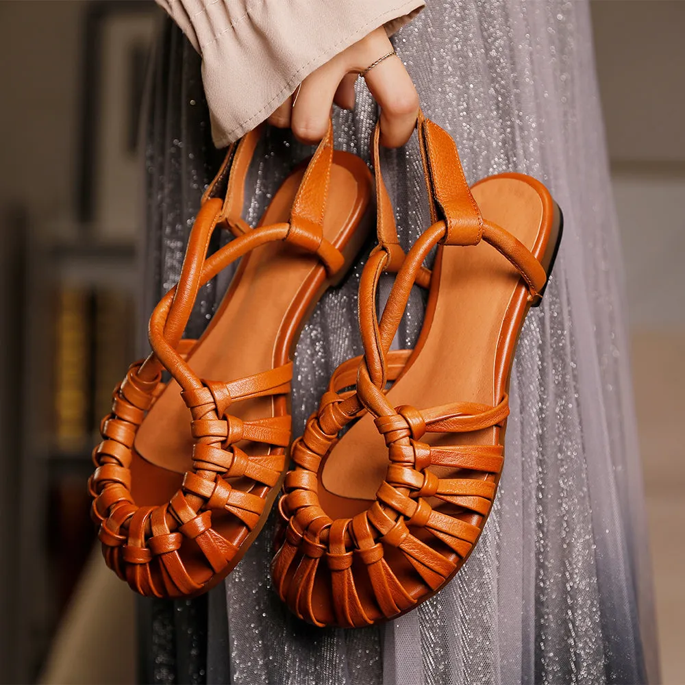 Retro Woven Leather Sandals For Women Soft Bottom Blue/Camel