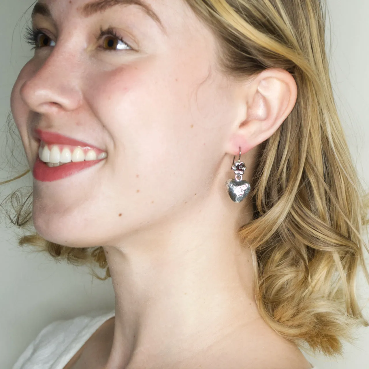 Sterling Silver and Garnet Bead Molded Heart Earrings