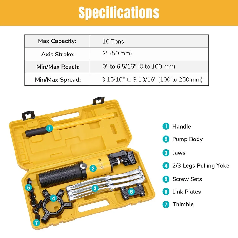 TheLAShop 3-Jaw Hydraulic Gear Puller Changeable Kit w/ Case, 10 Ton