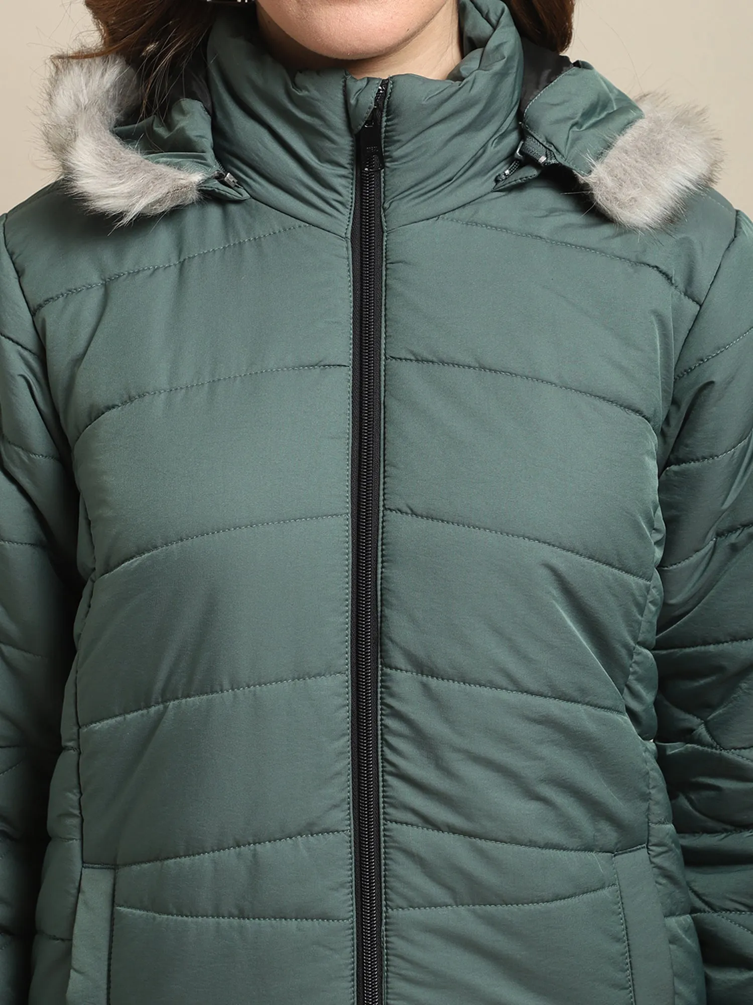 Women's Casual  Green Quilted Detachable Hood with Faux Fur trim Jacket