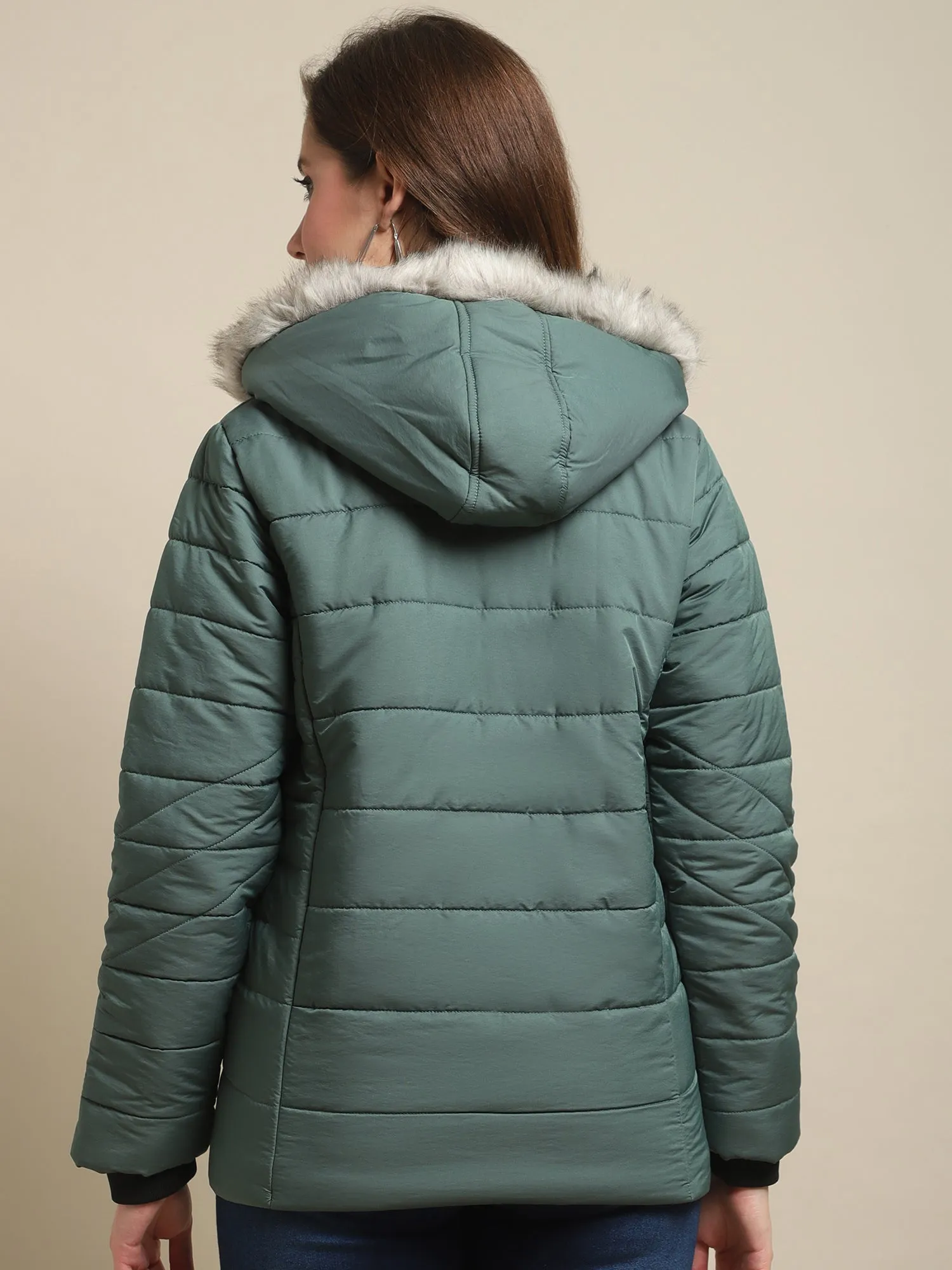 Women's Casual  Green Quilted Detachable Hood with Faux Fur trim Jacket