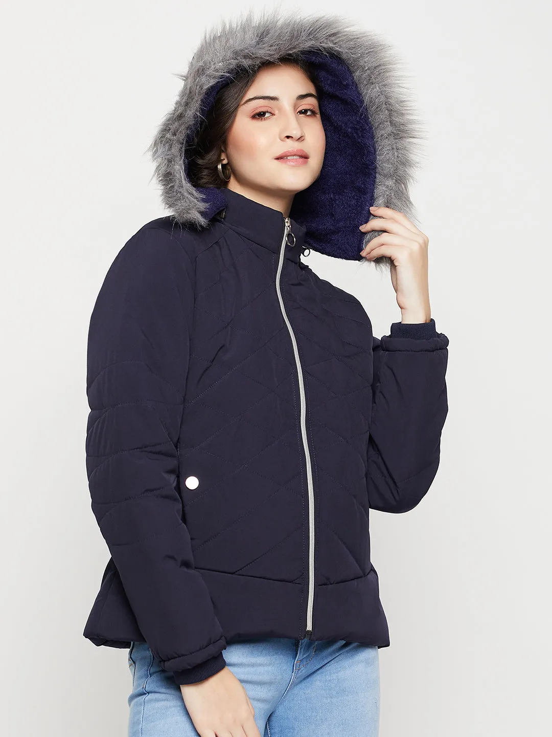 Women's Casual  Navy Blue Quilted Detachable Hood with Faux Fur trim Jacket