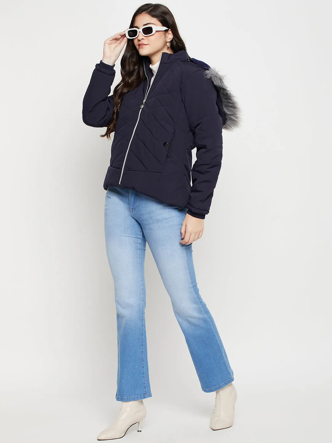 Women's Casual  Navy Blue Quilted Detachable Hood with Faux Fur trim Jacket