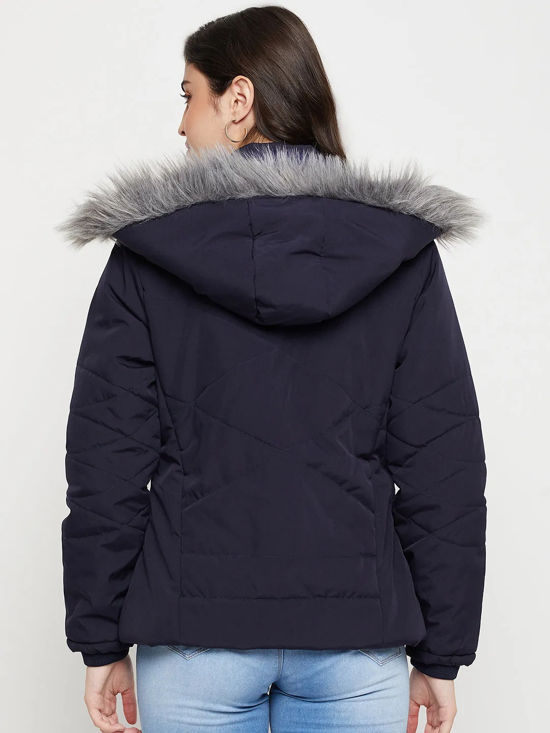 Women's Casual  Navy Blue Quilted Detachable Hood with Faux Fur trim Jacket