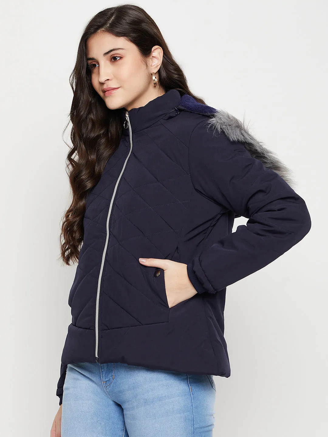 Women's Casual  Navy Blue Quilted Detachable Hood with Faux Fur trim Jacket