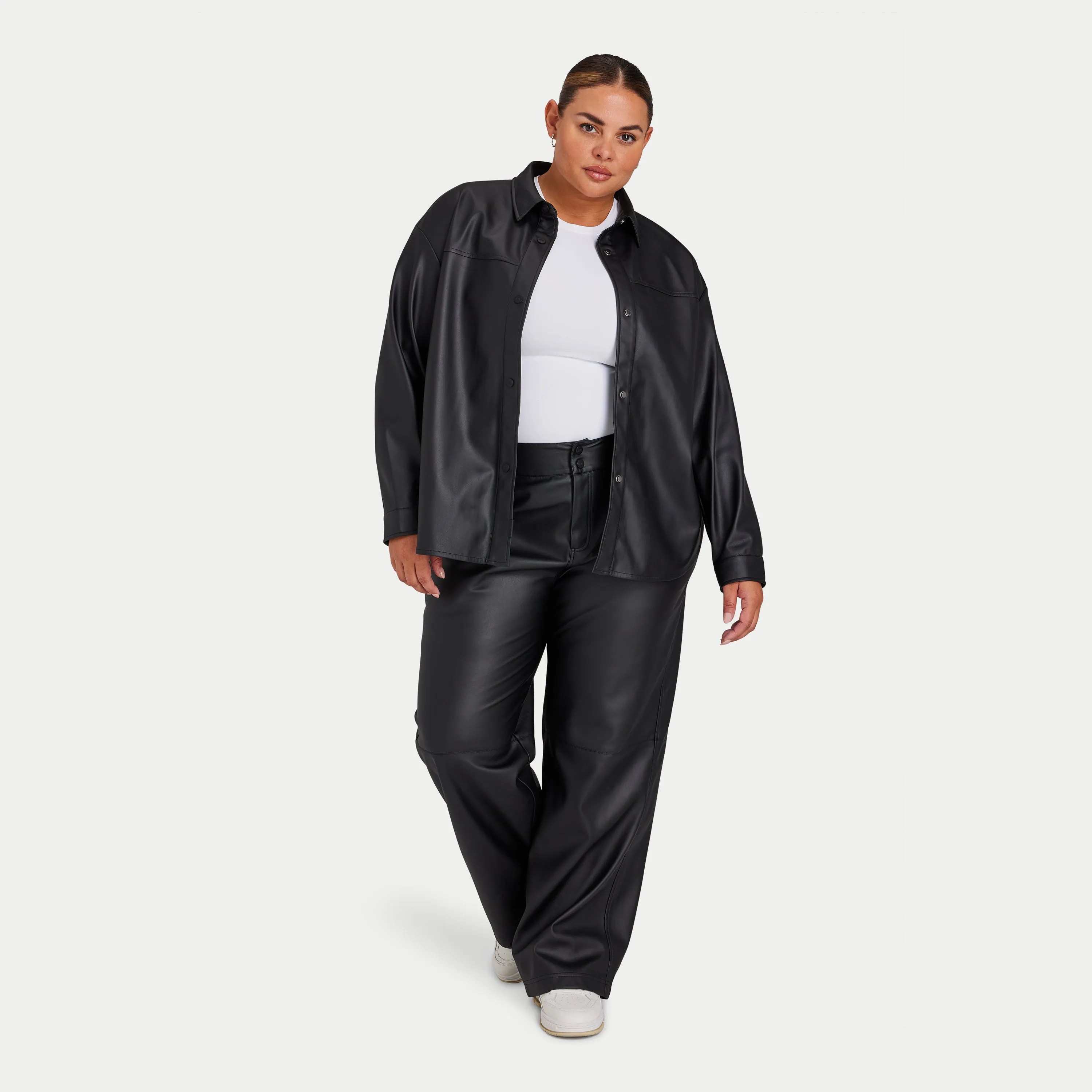 Womens Faux Leather Wide Leg Trouser - Black