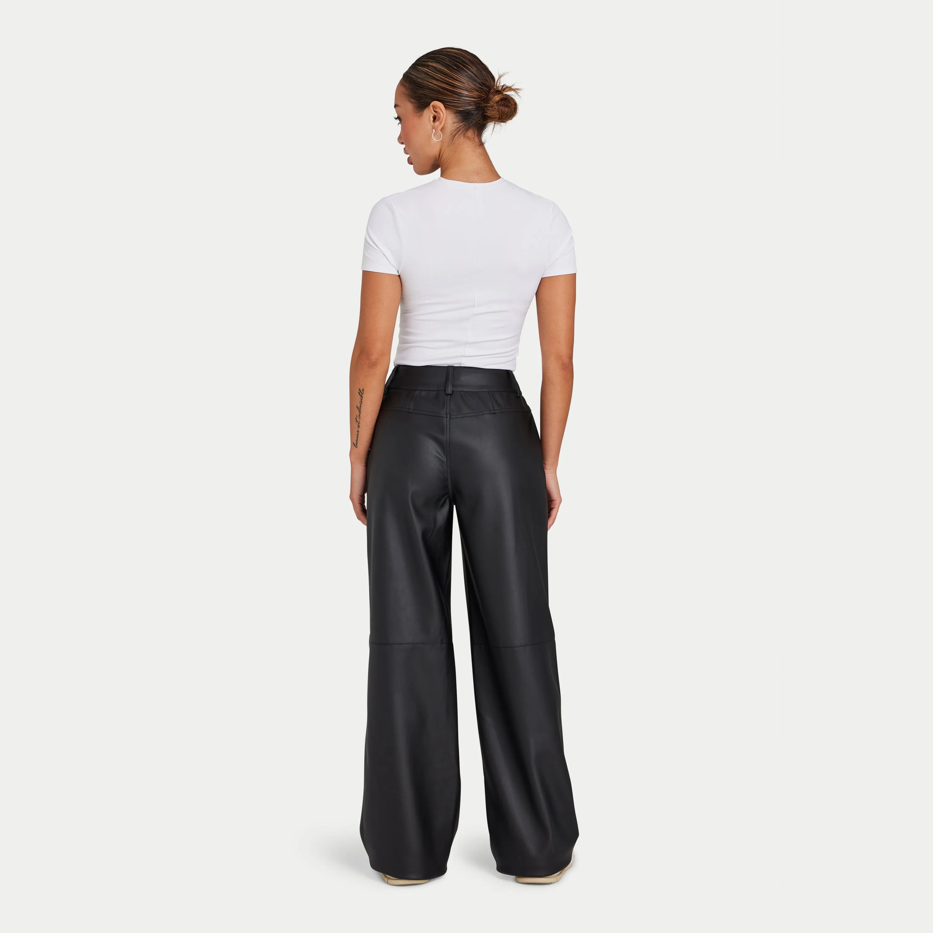 Womens Faux Leather Wide Leg Trouser - Black