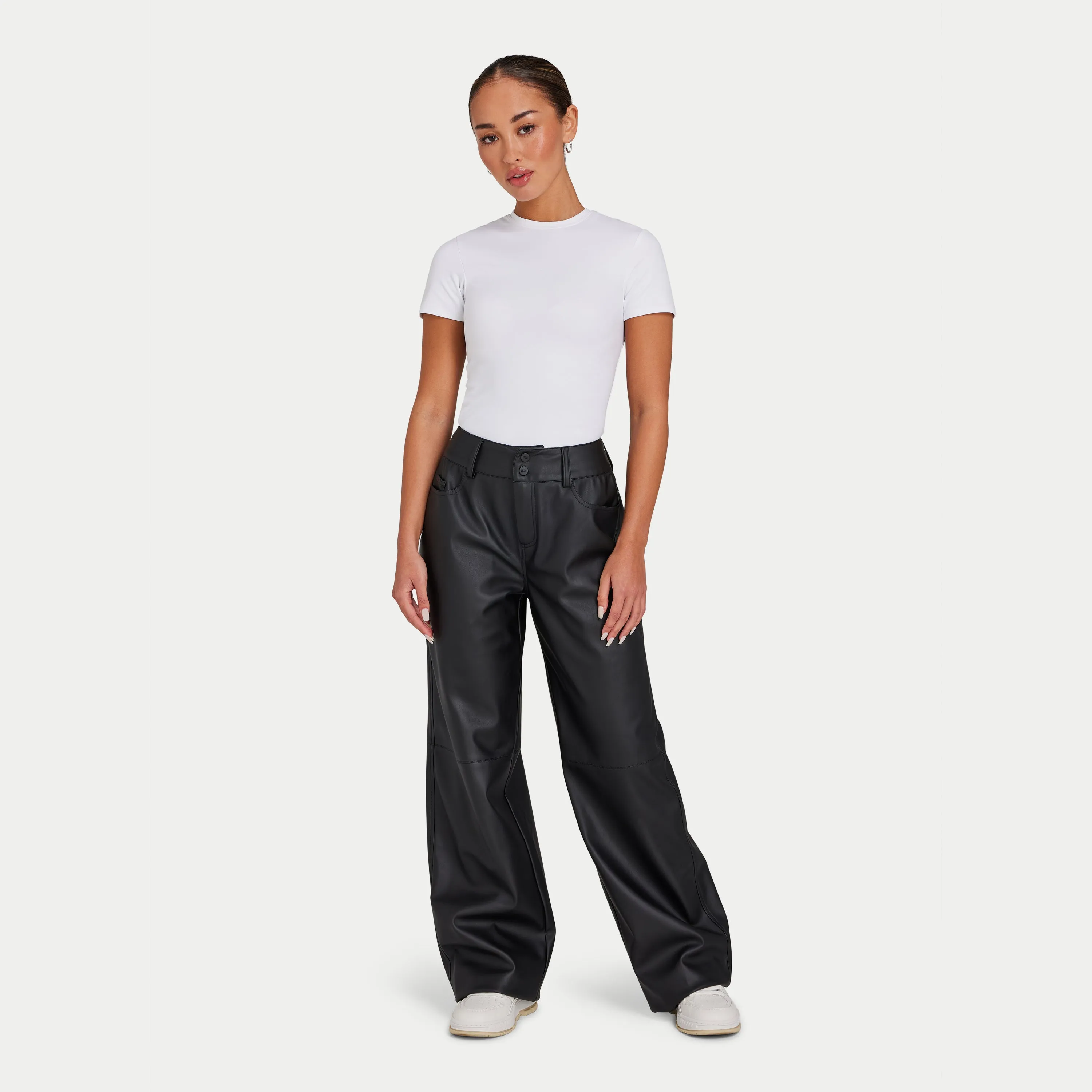 Womens Faux Leather Wide Leg Trouser - Black