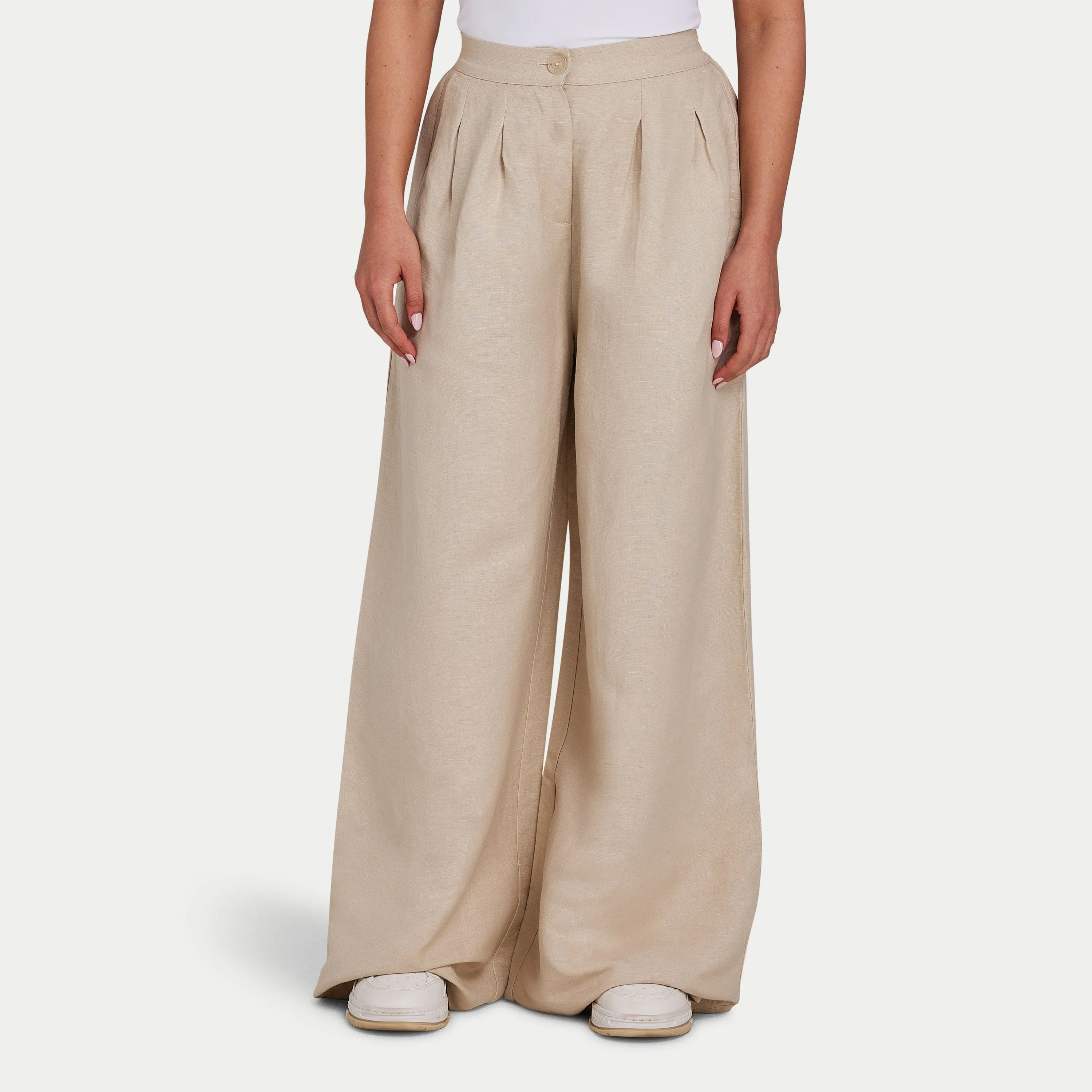 Womens Linen Mix Wide Leg Trouser - Oatmeal