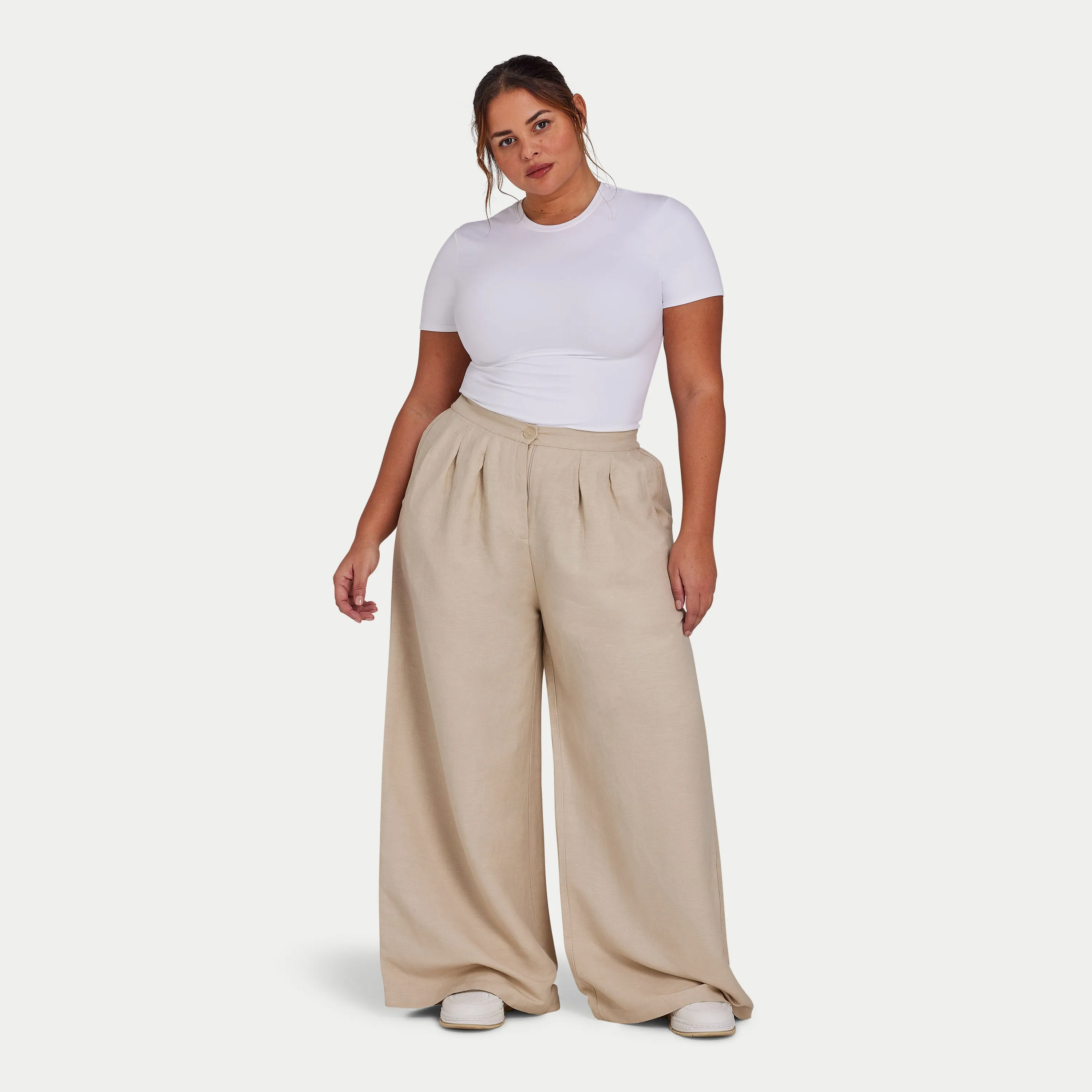 Womens Linen Mix Wide Leg Trouser - Oatmeal