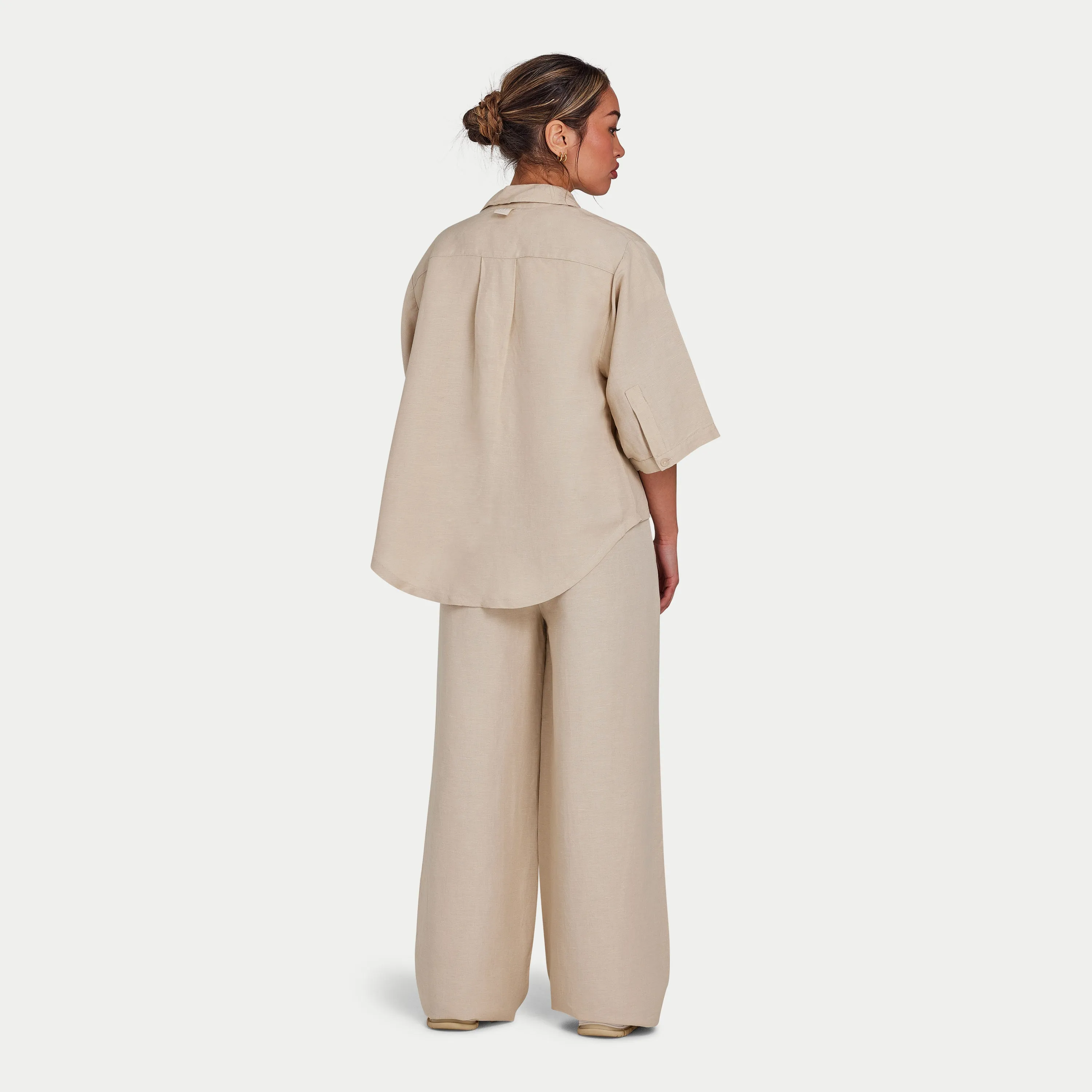 Womens Linen Mix Wide Leg Trouser - Oatmeal